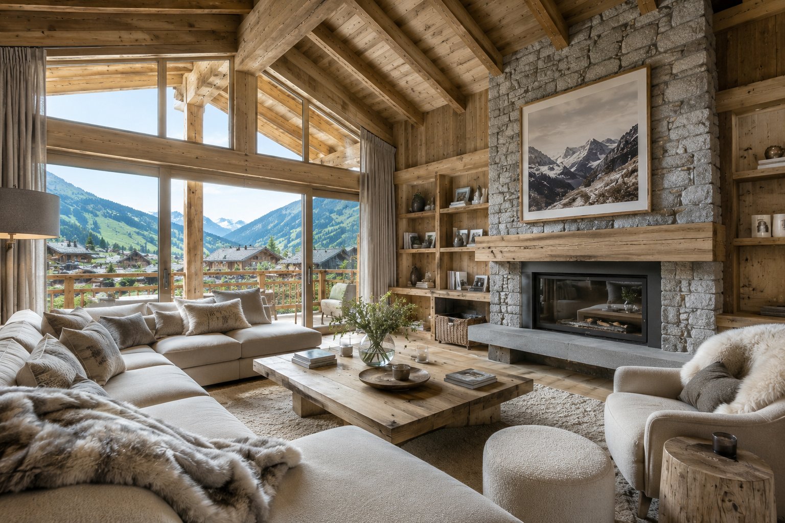 Rendu 3D salon chalet avec cheminée - Megève