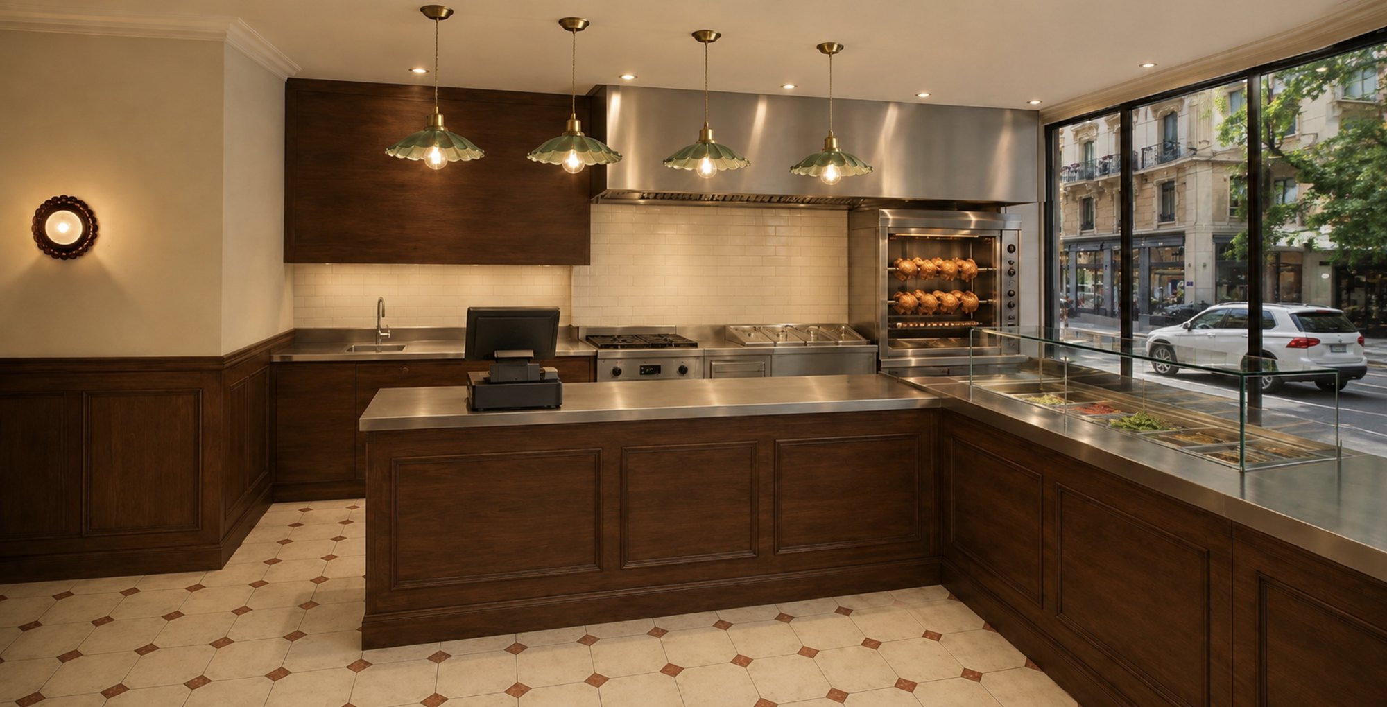 Rendu 3D intérieur rôtisserie - Paulette, rue de la Terrassière, Genève